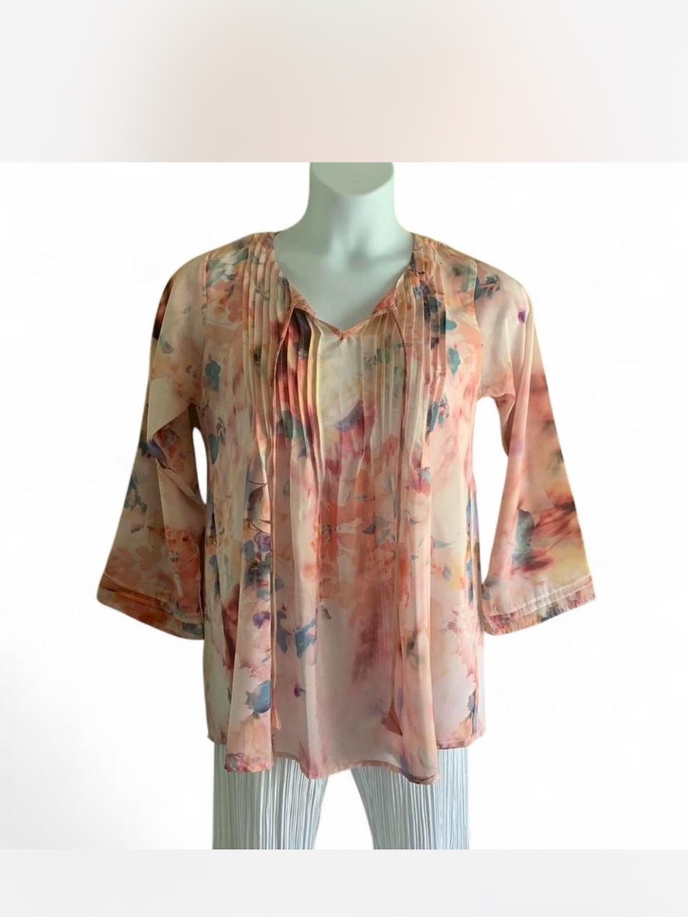 Cottage Fairy  Pink-Coral Floral Pintuck Silk blend Peasant Blouse XS Karen Seo